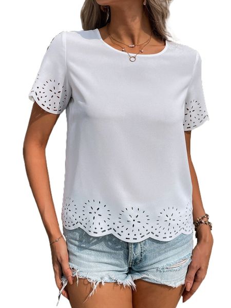 

laser cut scallop trim blouse p5hp#, White