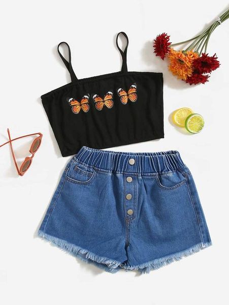 

girls cami & raw cut denim shorts she, White