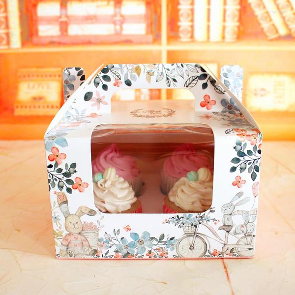 Confezione regalo 10 pz / lotto carino finestra aperta tazza cupcake cartone animato scatola rosa mousse legno crusca budino bottiglia piccola torta con manico scatola regalo regalo regalo