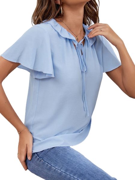 

flutter sleeve ruffle trim tie neck blouse i5qp#, White
