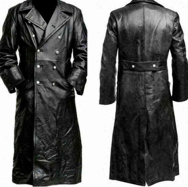 

men lapel double breasted classic faux leather jacket officer german trench coat oversize s-5xl t220728, Black
