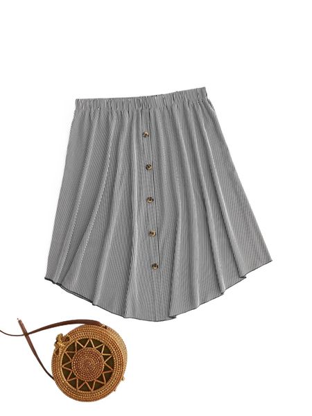 

plus striped fake button skirt v2fb#, Black
