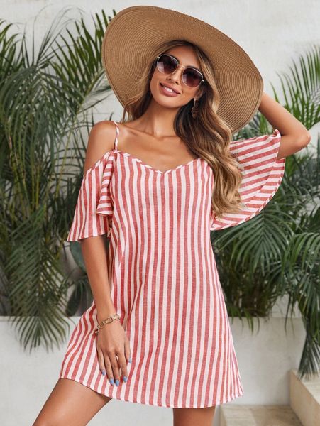 

cold shoulder striped dress c9f1#, Black;gray