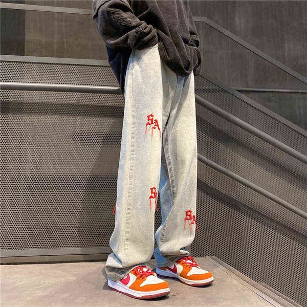 

new light blue embroidery men jeans straight fashion casual loose trousers high street hip hop male denim pants t220726
