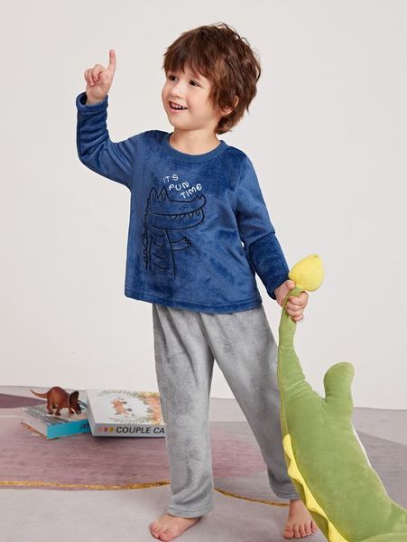 

toddler boys slogan & dinosaur embroidery flannel lounge set she, Blue;red