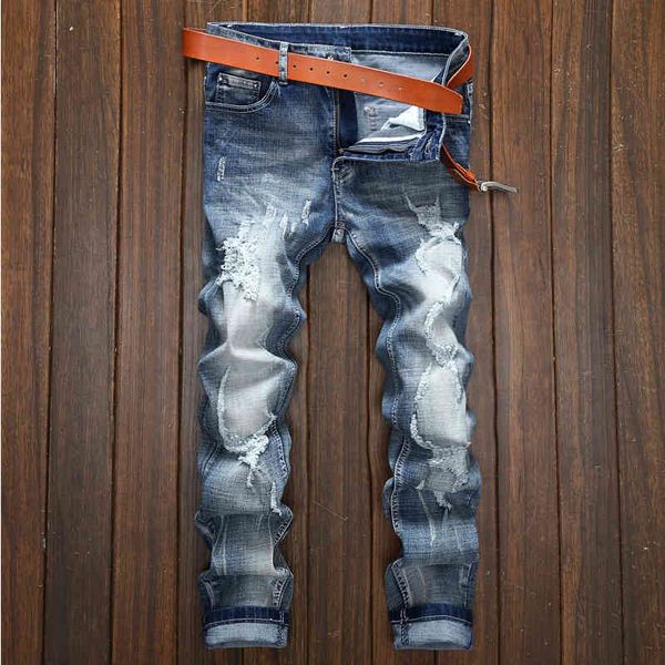 

light color pierced jeans young men's scraped long slim fit small straight tube high street fashion pants, Blue