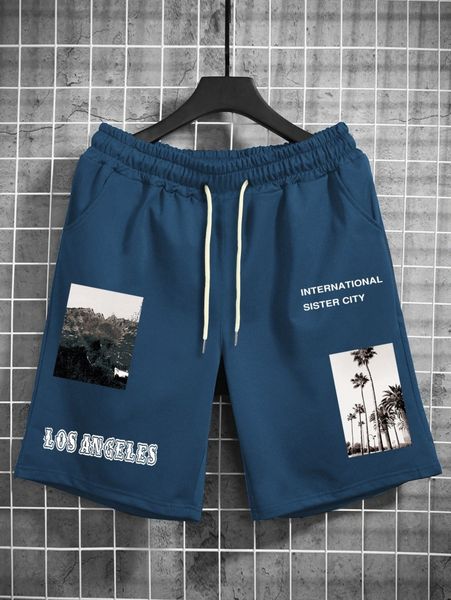 

men picture & letter graphic drawstring waist shorts a1ur#, White;black