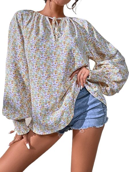 

ditsy floral lantern sleeve blouse 50x7#, White