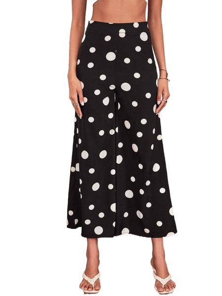 

allover print capris wide leg pants t1cf#, Black;white