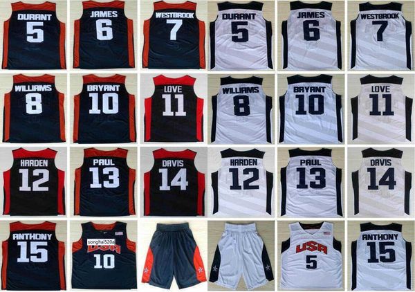 Basket Retro Basket 2012 Team USA Jersey Kevin 5 Durant 6 James 12 Harden 10 Bryant Russell 7 Westbrook Chris 13 Paul Deron 8 Williams A Maglie