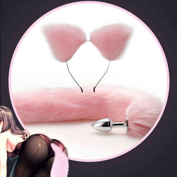 Seks Oyuncaklar 3 Boyut Sevimli Yumuşak Kedi Kulakları Kafa Bantları 40cm Fox Tail Bow Metal Butt Anal Fiş Erotik Cosplay Aksesuarları H220414