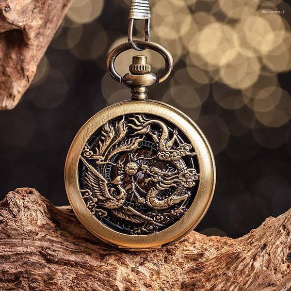 Orologi da tasca Orologio meccanico vintage Lega nera Classico Steampunk Scheletro Flying Chinses Dragon Phoenix Catena per mano Wat Thun22