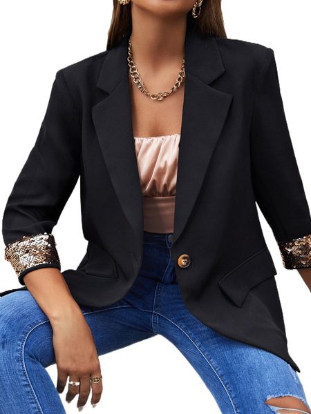 

contrast sequin single button blazer without belt n6kf#, White