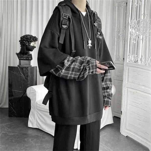 

deeptown vintage hoodie women streetwear oversized sweatshirt punk long sleeve pullovers korean grunge plaid splice hoody 210820, Black