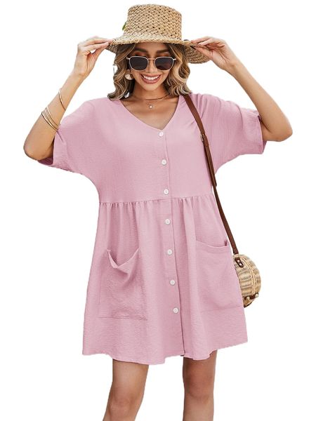 

batwing sleeve pocket patched smock dress 52wm#, Black;gray