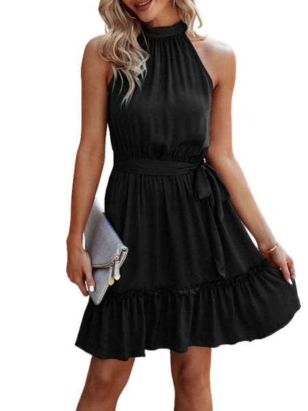 

solid tie back belted dress l4ef#, Black;gray