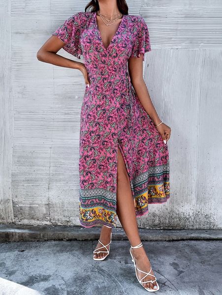 

floral print flutter sleeve wrap belted dress e8f6#, Black;gray