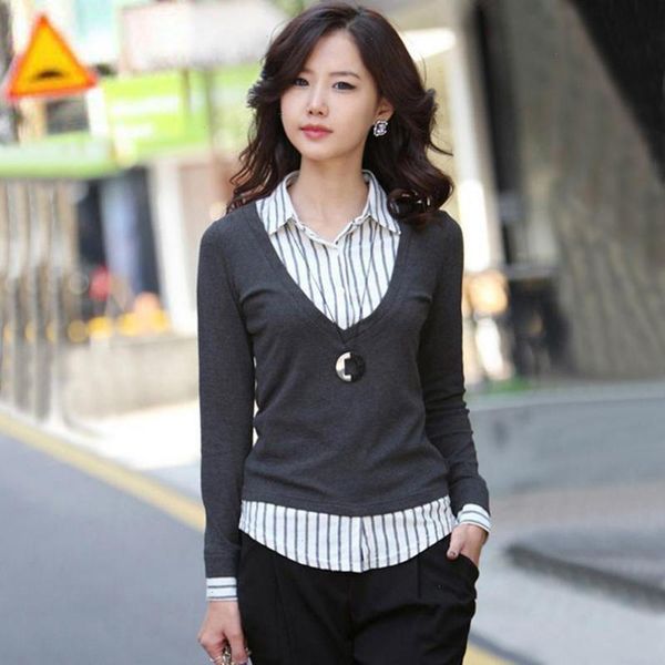 

woman spring striped sweaters splice turn-down collar full button female autumn hedging stretch cotton, White;black