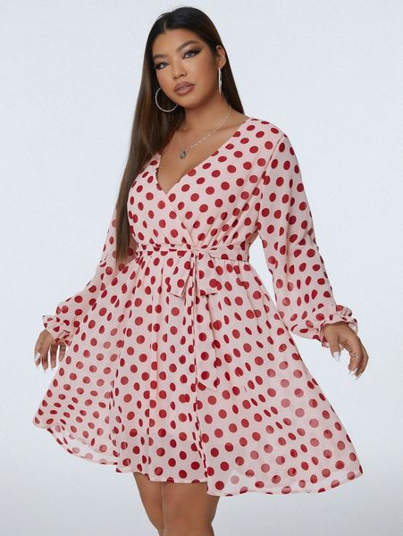 

plus polka dot flounce sleeve overlap collar belted dress i69w#, Black