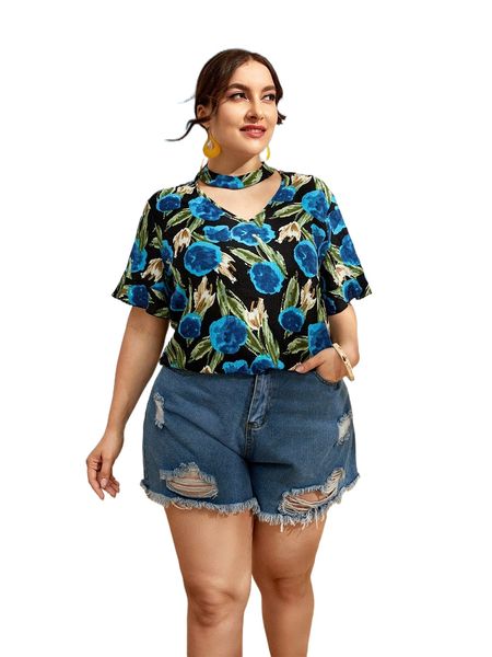 

plus floral print keyhole neckline blouse j72t#, Black