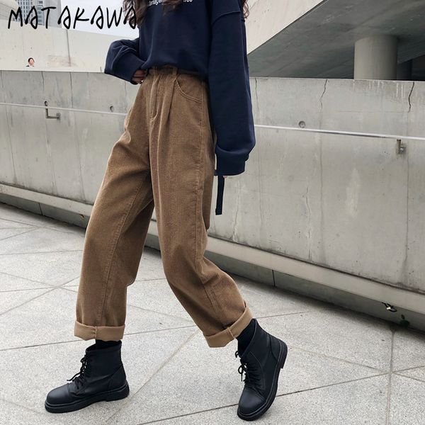 

highwaist straightleg pants korean corduroy womens spring loose trousers casual retro wideleg 210506, Black;white