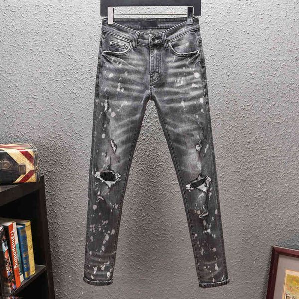 

men's jeans fashion high street washing low waist small feet holes gray god elastic personality street men's jeans pants n0ya, Blue