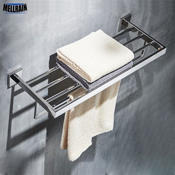 Banheiro quadrado toalha de toalha rack de aço inoxidável espelho de polimento cromo de qualidade montada na parede Towel Rail titular barra de banheiro T200506