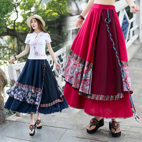 Saias vintage Oriental Chinese Tradicional Vestido Mulheres Skia Étnica Feminina Autumn Inverno Long Azul Red Patchwork Bordado Midi Skirtskirt