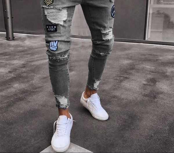 

men stretchy ripped skinny biker embroidery cartoon print jeans destroyed hole slim fit denim hip hop black jeans, Blue