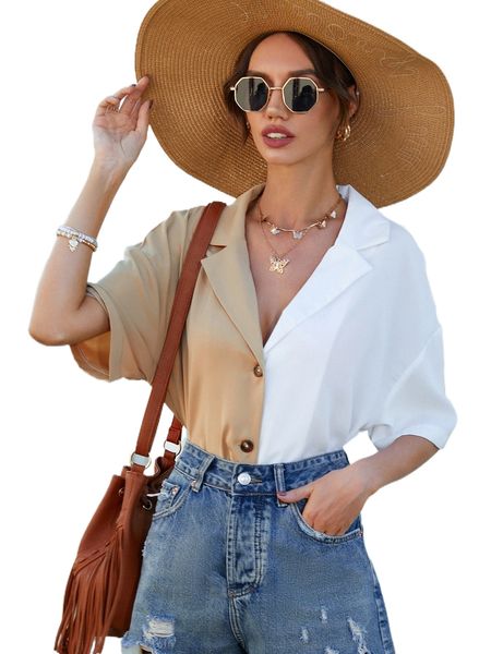 

notched collar drop shoulder spliced blouse i2uz#, White