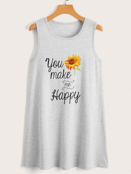 

sunflower and slogan graphic tank dress 30zt#, Black;gray