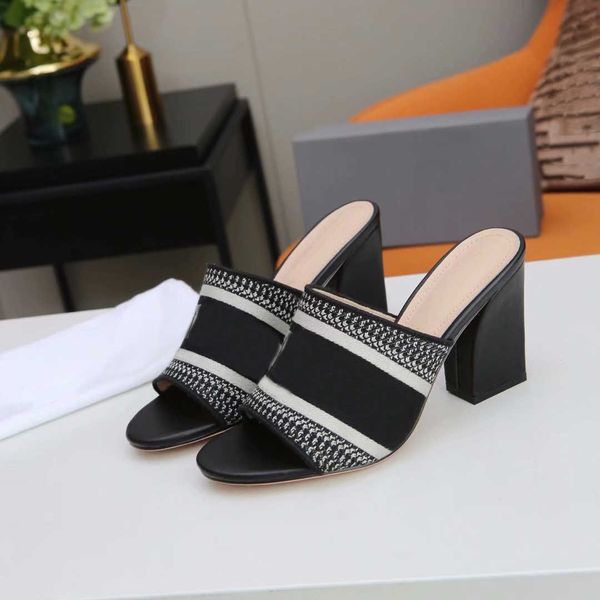 

summer womens high heels slippers striped sandals ladies casual scuffs block heel sandal outdoor shopping letters slipper box, Black
