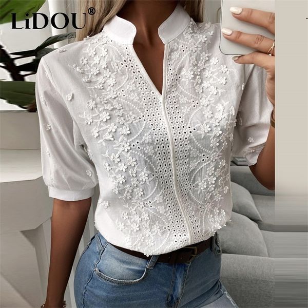 

white chic hollowout lace blouse hook flower embroidery decoration v neck casual solid shirt half puff sleeved cotton women 220618