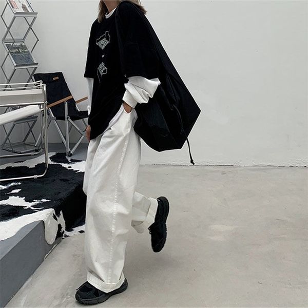 HOUZHOU Koreanischen Stil Weiß Breite Bein Hosen Frauen Oversize Hip Hop Streetwear Lose Hosen Für Weibliche Hohe Taille Kpop Mode