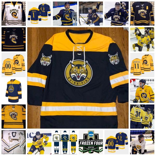

2022 ncaa frozen four custom qu quinnipiac bobcats hockey jersey 25 brogan rafferty 8 chris cerrella 29 todd johnson 18 jim hanscom 35 bill, Black