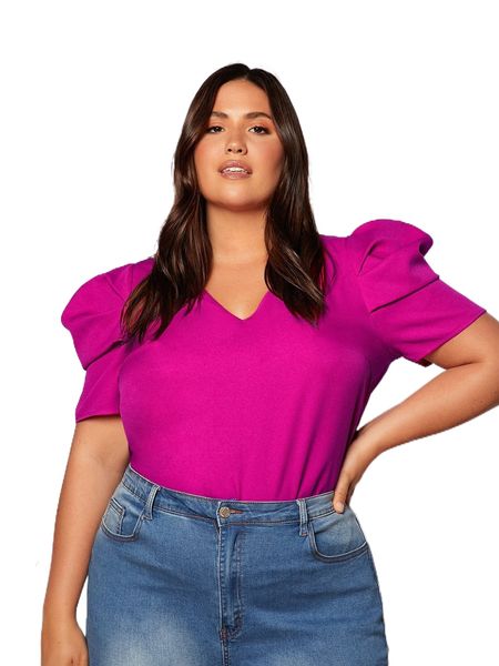 

plus solid puff sleeve blouse z4ra#, Black