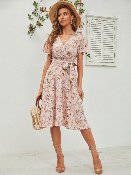 

ditsy floral print belted dress j0lg#, Black;gray