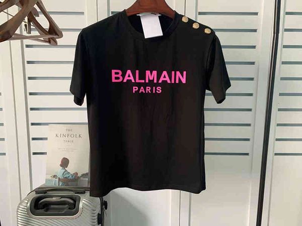 

women's t-shirt spring summer balman shoulder gold buckle loose pullover letter cotton t-shirt for lovers 3ajk, White