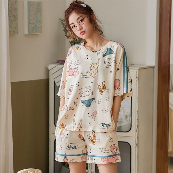 

bzel simple sleepwear pyjamas womens pajamas cotton short sleeve ladies pijama sets homewear cute cartoon lounge wear tshits 220527, Black;red