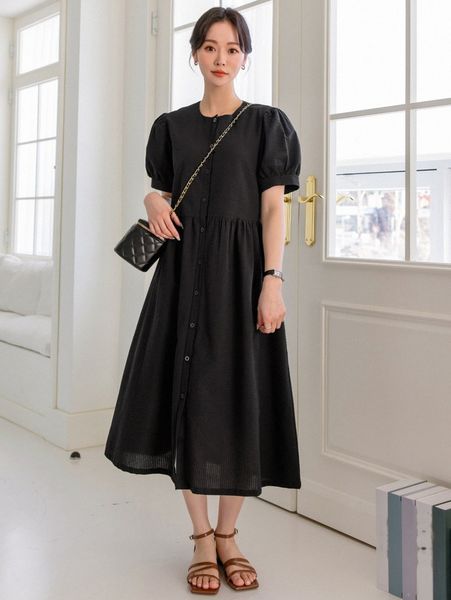 

dazy puff sleeve button through smock dress x1qj#, Black;gray