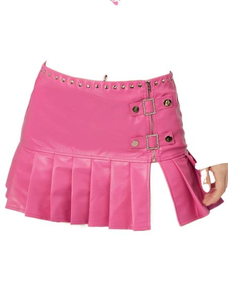 

studded detail slit hem pleated pu leather skirt c7m9#, Black