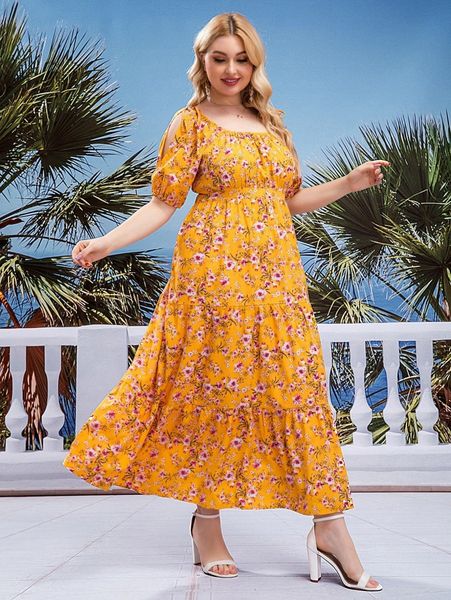 

plus floral print tie shoulder puff sleeve ruffle hem dress 37bw#, Black