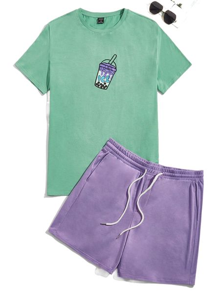 

men beverage print tee & drawstring waist shorts k87v#, Gray