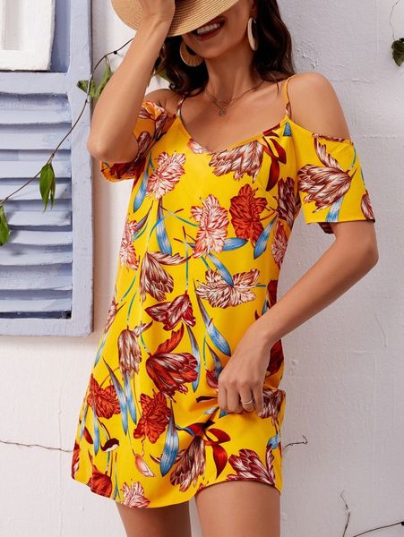 

floral print cold shoulder dress n7ii#, Black;gray