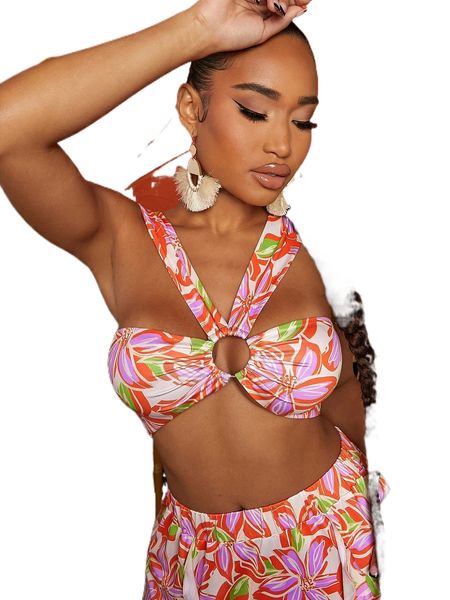 

o-ring ruched floral print crop p2mx#, White