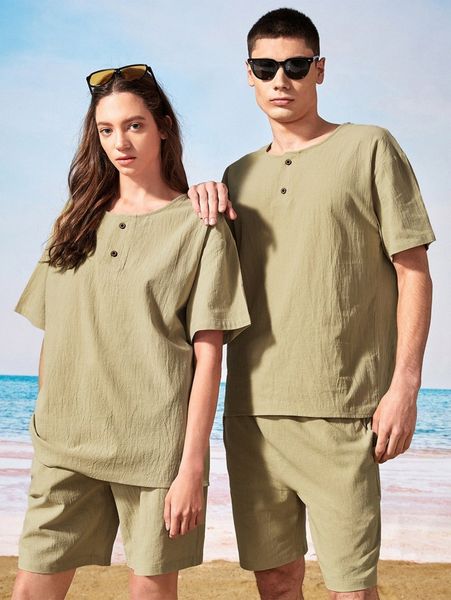 

1pc quarter button textured drop shoulder & 1pc shorts h9es#, Gray