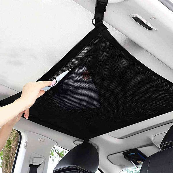 

2pc car roof net storage bag adjustable double-layer zipper mesh car ceiling cargo net pocket for long trip y220414
