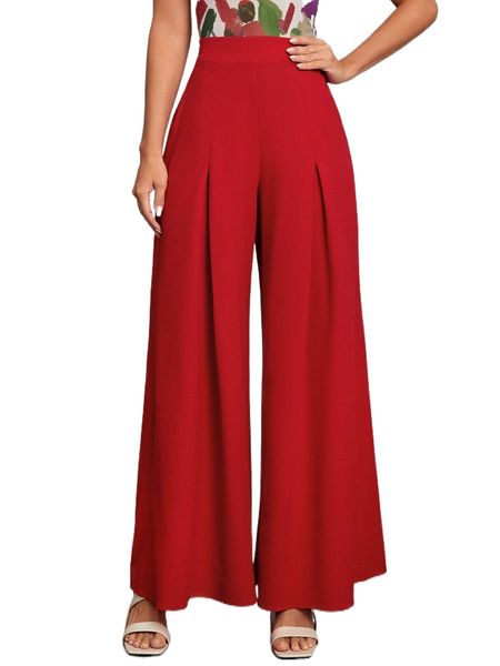 

high waist fold pleated detail wide leg pants x6p1#, Black;white