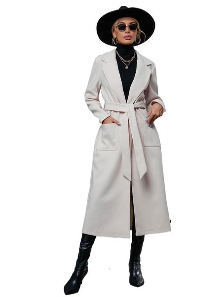 

dual pocket lapel neck belted overcoat q2ac#, Black