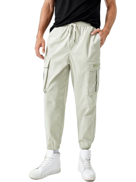 

men letter embroidery drawstring waist cargo pants c1aa#, Black